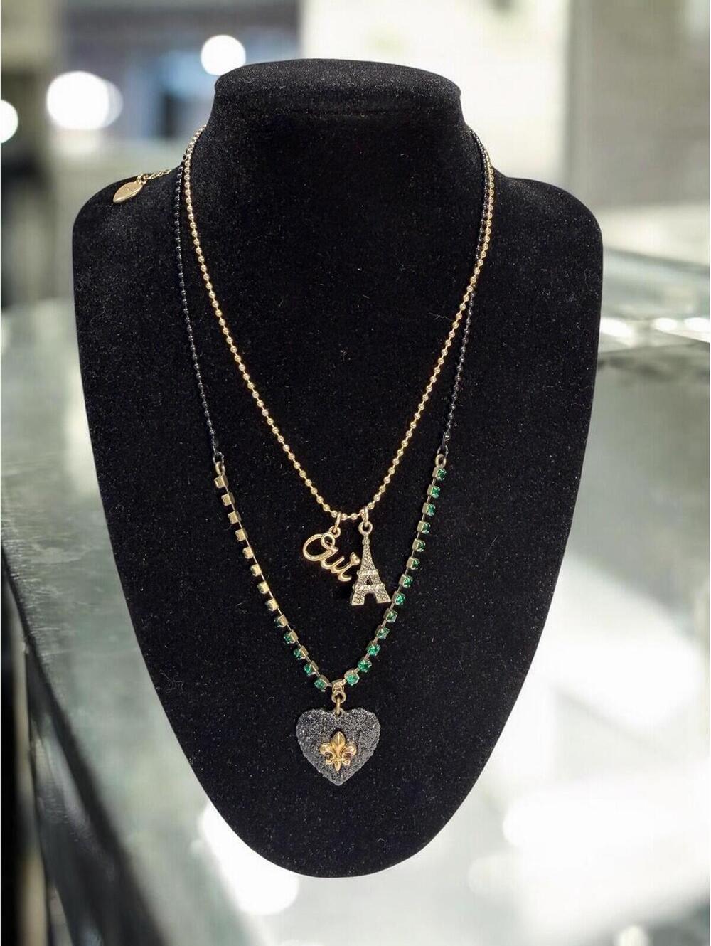 Betsey Johnson Gold Tone Oui Fleur De Lis Black Glitter Heart Necklace Paris